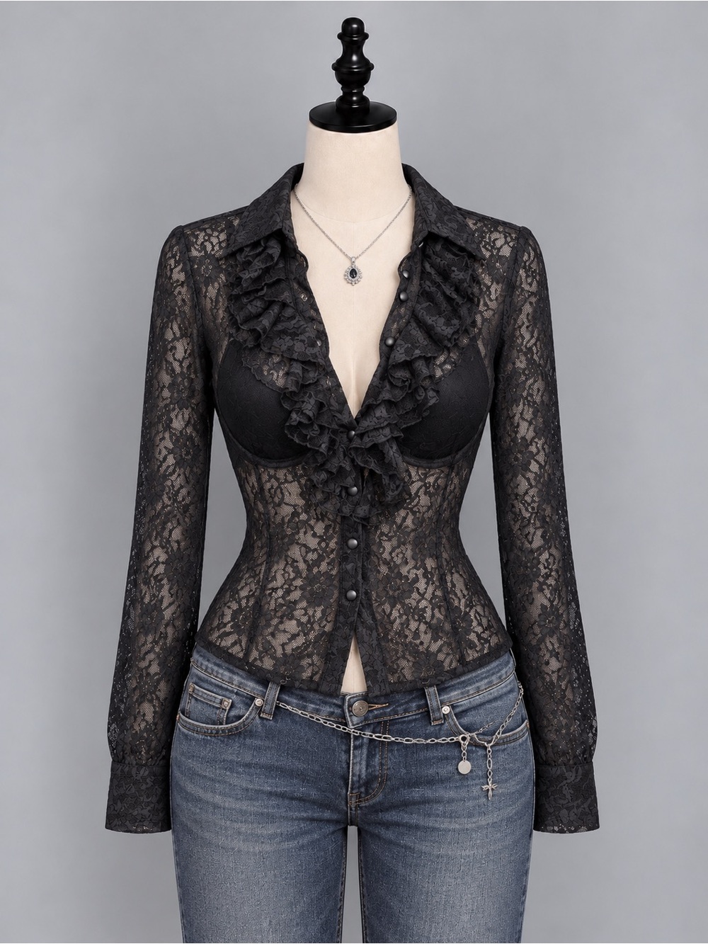 VTG Mexx Sheer Black Lace Ruffle Button Front Blouse Medium Y2K